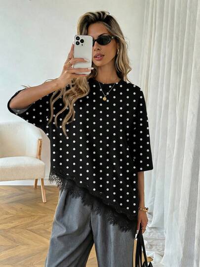 SHEIN LUNE Women's Casual Solid Color Asymmetric Hem Lace Patchwork T-Shirt, Versatile Daily Wear, Spring/Summer Leisure Top, Suitable For Vacation, Summer, Spring, Spring Break And Various Occasions, Including Beach Dress, Casual Shirt, Outerwear And Summer Top.