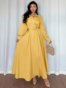 Rafferiza Đầm dài tay dài cổ bẻ, vai rớt, eo xếp ly dáng chữ A dành cho nữ, thích hợp cho các buổi đi chơi, kỳ nghỉ, du lịch và các chuyến công tác. - Màu vàng ngỗng - Xem 3