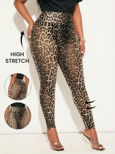 SHEIN SXY Plus Size Leopard Print High-Elastic Knit Mesh See-Through High-Waisted Tight Leggings.Spring/Summer Casual Vacation Bohemian Elegant Suitable For Everyday Wear, Music Festival, Concert, Carnival Party, Beach Vacation, Date Night, Birthday, Bachelorette Party, Club, Cute, Casual, Shopping, Streetwear, Going Out, Easy To Match & Looks Slim, Accent Your Body, Flatter The Figure