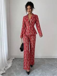 SHEIN Elenzya Bộ vest nữ cổ điển kiểu hoàng gia gồm áo khoác và quần, tay dài, cài khuy ngọc trai, phù hợp cho hẹn hò, Halloween, tựu trường, phong cách Y2K, Grunge, retro xuân/hè, trang phục công sở, đồng phục giáo viên, ngày lễ, bộ đồ ren ngày Valentine. - Màu Đỏ Sâu - Xem 7