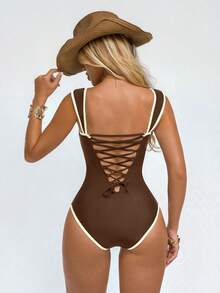 Shapewave Maiô feminino de uma peça com estampa de estrela-do-mar em preto e branco, efeito push-up, controle de barriga, sem costas e com amarração. Ideal para praia, férias e festas. - Castanho - Ver 6