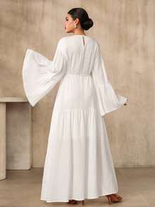 Graceveil 女士优雅纯色喇叭袖连衣裙，端庄得体，适合女性穿着，长款带袖连衣裙，正式场合穿着，优雅奢华，适合女性穿着，可作洗礼服、礼拜服、正式服装、优雅经典女装，端庄得体。 - 杏色 - 查看 4