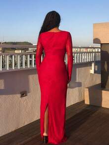 Tyla Gomez 女士新款秋冬派对约会夜性感 S 形蕾丝长袖胸罩杯鱼骨方领紧身连衣裙，黑色 - 酒紅色 - 查看 2