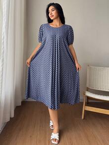 Dazy Plus Plus Size Elegant Leaf & Floral Pattern Loose A-Line Long Nightgown, Comfortable Sleepwear Summer - Royal Blue - View 7