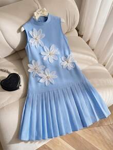 Girls' Elegant Sweet Sleeveless Mini Dress With Layered Ruffle Hem, White Bow Accent, Suitable For Summer, Luxury Party - Blue - View 5