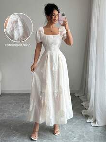 Elenzga Elegant French Style Apricot Square Neck Jacquard Mesh Long Dress With Puff Sleeves, Waist Gathering Design, Slimming & Charming Dress - Apricot - View 2