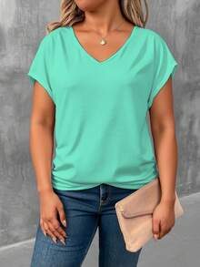 EMERY ROSE Women's Solid Color V-Neck Short Sleeve Casual Plus Size T-Shirt, Summer Style, Plus Size T-Shirt Clothes For Ladies V-Neck T-Shirt Short Sleeve Top - Multicolor - View 1