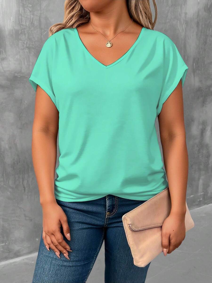 EMERY ROSE Women's Solid Color V-Neck Short Sleeve Casual Plus Size T-Shirt, Summer Style, Plus Size T-Shirt Clothes For Ladies V-Neck T-Shirt Short Sleeve Top - Multicolor - View 1