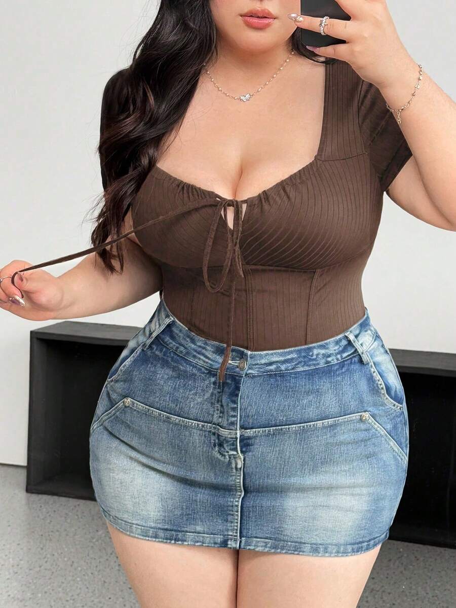 Vibekara Áo thun cỡ lớn, màu trơn, kiểu dáng thường ngày, có dây rút, thích hợp cho mùa hè. - màu nâu - Xem 1