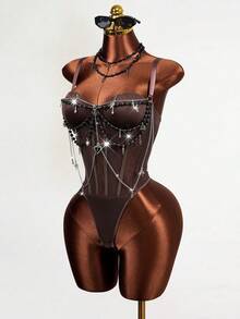 Mistrie Women's Spaghetti Strap Chain Decorated Bodysuit,Coffee Brown Goth Night Club Summer Outfits,Fitted Push Up Vintage Body Suit For Festival - Coffee Brown - View 5