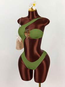 Amplova Áo tắm liền thân nữ màu trơn, trang trí kim loại, xếp ly, khoét eo, thích hợp cho kỳ nghỉ biển, tiệc bể bơi, tiệc bãi biển. - Màu xanh Bạc hà - Xem 4