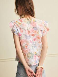 Écloséra Women's Spring/Summer Cap Sleeve Jacquard Hollow-Out Jacquard Shirt With Ruffle Trim - Multicolor - View 6