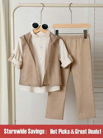 SHEIN Explorewe 男童立领长袖衬衫，袖口可折叠，裤子，网眼连帽背心套装，幼儿