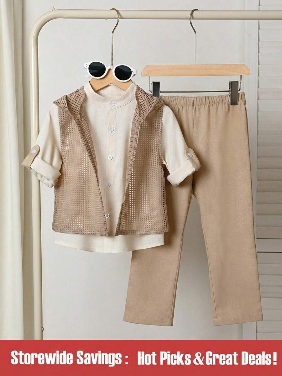 SHEIN Explorewe 男童立领长袖衬衫，袖口可折叠，裤子，网眼连帽背心套装，幼儿 - 卡其色 - 查看 1