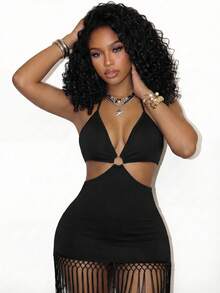 BamGleam Women's Fashionable Sexy Black Fringe Hem Backless Halter Dress - Black - View 7