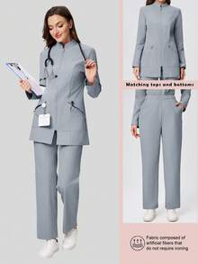 Anti-Wrinkle Long Sleeve Jacket And Pants Women's Scrub Uniform 2 Pieces Set - Dusty Blue - View 1