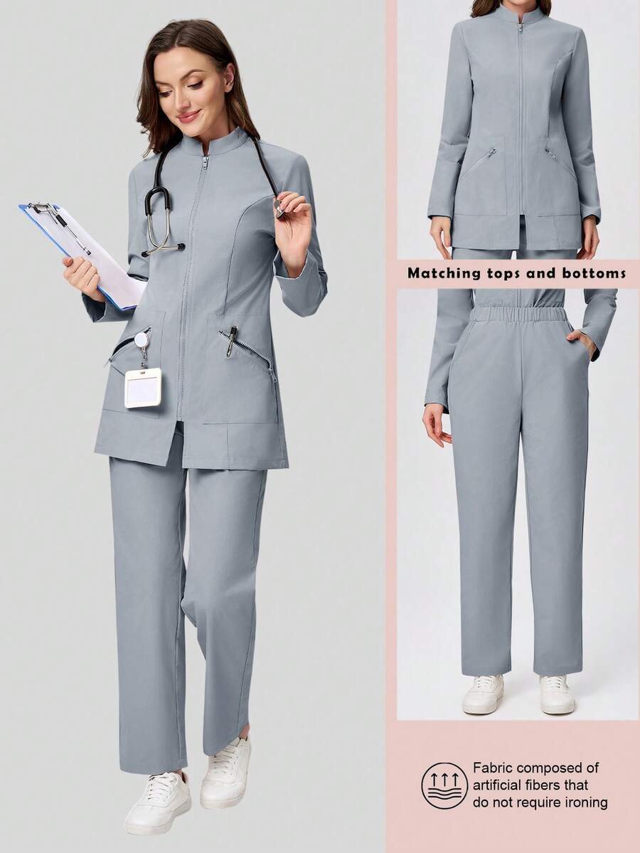 Anti-Wrinkle Long Sleeve Jacket And Pants Women's Scrub Uniform 2 Pieces Set - Dusty Blue - View 1