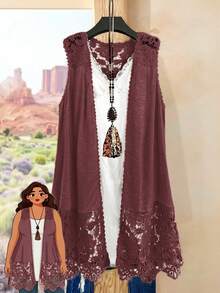 Rusticease Plus Size Casual Solid Color Lace Patchwork Sleeveless Jacket - Redwood - View 1