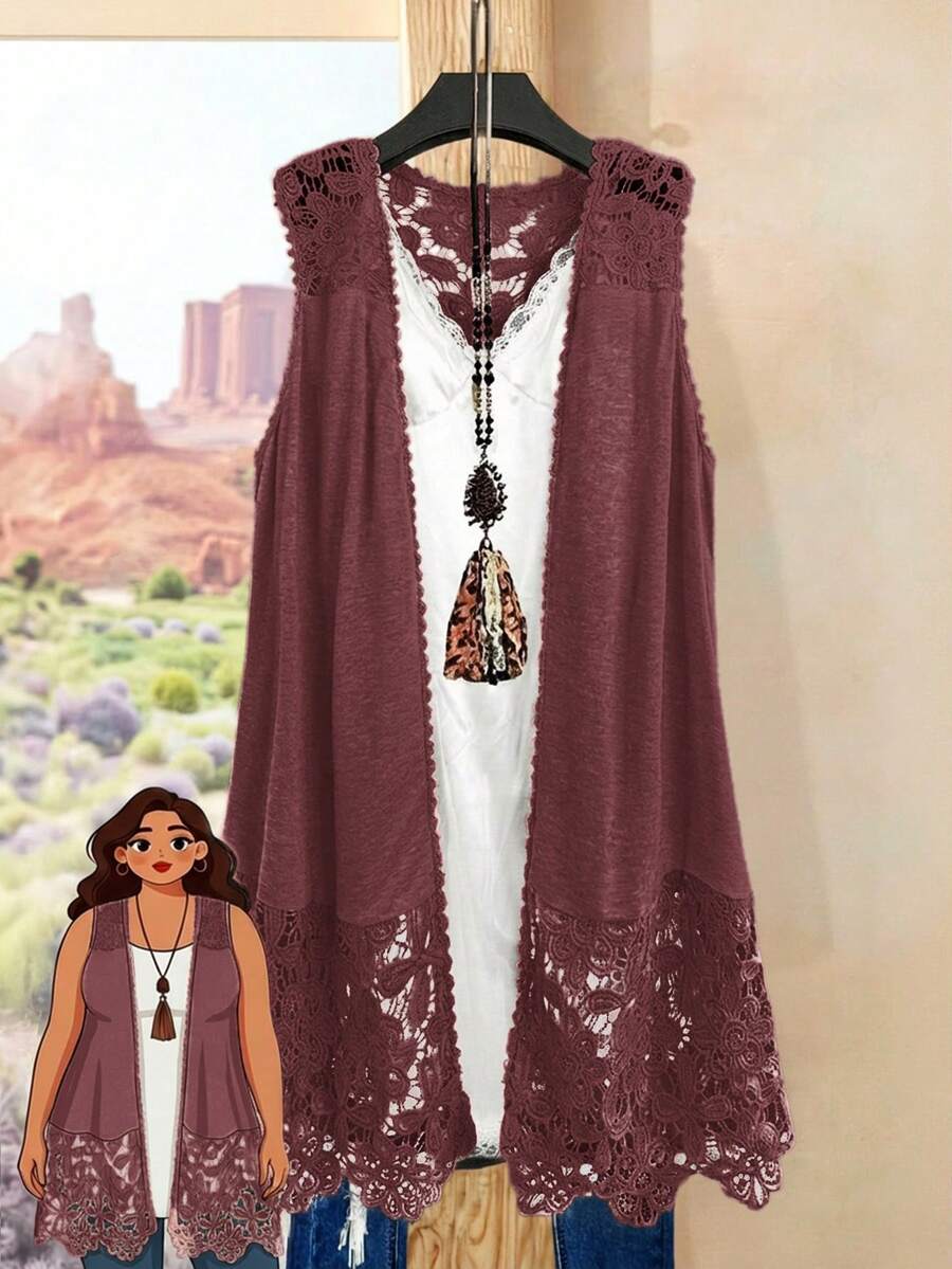 Rusticease Plus Size Casual Solid Color Lace Patchwork Sleeveless Jacket - Redwood - View 1