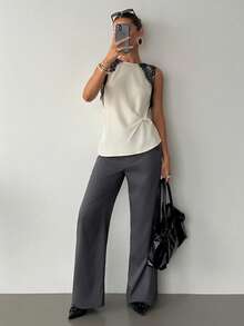 Siren Gaze 女士圆领撞色蕾丝边无袖不对称下摆背心，适合日常穿着、派对、音乐节等场合。 - 杏色 - 查看 7