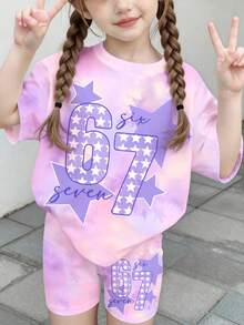 2件套少女休闲扎染星星印花67号短袖T恤和短裤套装，夏季 - 彩色 - 查看 3
