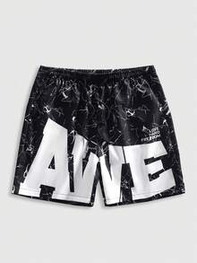 ROMWE MEN Prep Men's Letter Print Casual Versatile Daily Wear Shorts - Black - View 1