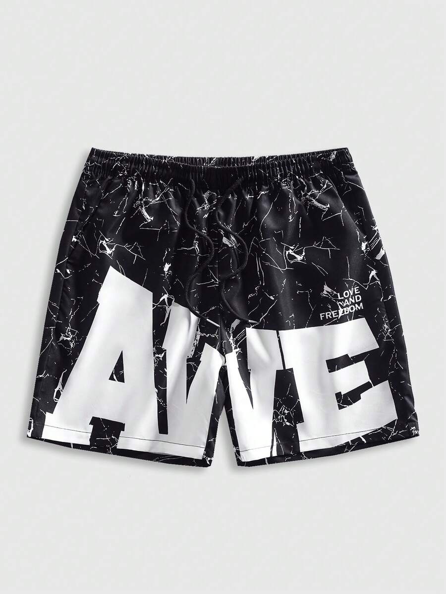 ROMWE MEN Prep Men's Letter Print Casual Versatile Daily Wear Shorts - Black - View 1