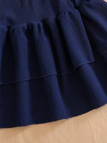 Sparklyn 2件組青少年女孩夏季休閒套裝，海軍藍圓領針織提花套頭背心與層次蛋糕裙套裝，時尚度假穿搭 - 寶藍色 - 查看 4