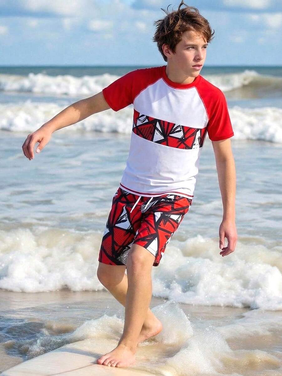2pcs/Set Teen Boys' Swimwear,Sporty White Rash Guard & Red Geometric Print Swim Trunks,Raglan Sleeve Streetwear,Summer Beach Outfits For Pool Party - Burgundy - View 1