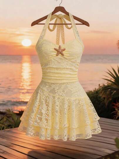 Franclia Women's Summer Vacation Lace Dress, Multi-Layer Ruffle Hem Cake Skirt, Waist & Chest Pleated + Front Metal Pentagram Brooch Decor, Asymmetric Hem, Halter Backless Dress, Suitable For Commuting, Daily Wear, Dating, Outing, Weekend Leisure, Cafe Hangout, Spring Outfit, Light Workplace, Sisterly Gathering, Sweet, Minimalist, Retro, Fresh, Literary, Light Vintage, Girlish, Daily Chic, Business Negotiation, Daily Office, Dating, Urban Teacher Workwear, Christmas & New Year Outfit Starfish Dress Halter Dress Yellow Dress Beach Dress Short Beach Dress Dresses Sun Seashell Dress