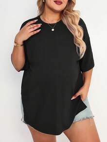 Plussiva Maternity Plus Size Solid Color Round Neck Loose Casual T-Shirt - Black - View 4