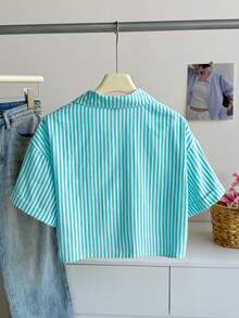 Elamini 条纹短款宽松休闲女式宽松袖口衬衫，亚麻质感女式衬衫 - 彩色 - 查看 2
