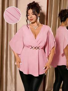 Cravure Blus Fashion Elegan Lengan Ruffle dengan Hiasan Rantai Pinggang untuk Wanita Ukuran Plus - Dusty Pink - View 1
