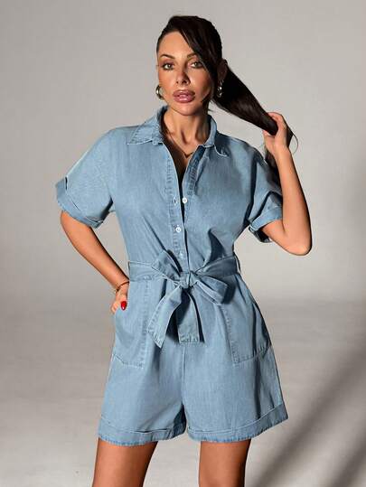 SHEIN Utility Style Light Wash Denim Romper With Rolled Hem, Shirts-Shorts Denim Jumpsuit