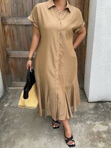 Dazy Plus Plus Size Fashionable Solid Color Versatile Collared Shirt Dress, Suitable For Commuting, Spring/Summer Sundress - Khaki - View 6