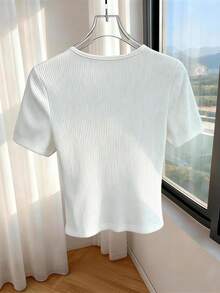 Franclia Elegant White Summer Knit Tops For Women,V-Neck Short Sleeve Polo Blouse Business Casual Work Commute T-Shirt,New Arrival Daily Wear Y2K Cardigan - White - View 2