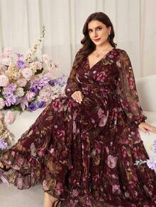 Modelyn Vestido midi elegante de talla grande para mujer con mangas farol, cintura ceñida y estampado floral - Burdeos - Ver 4