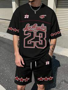 Aesthetic Post 男士23号洛杉矶标语印花休闲运动风圆领短袖T恤和短裤两件套外出上衣女士男友礼物图案T恤女士上衣女士衬衫男士休闲白色上衣白色衬衫女士衬衫春季上衣春季服装度假服装夏季服装海滩度假服装夏季服装度假服装夏季度假服装男士街头服饰套装男士两件套短裤套装 - 彩色 - 查看 7