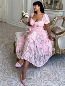 Lyrianda Women's Elegant Pink Plus Size Long Dress With Queen Anne Neckline And Ruffle Hem Perfect For Summer Birthdays - Pink - View 1