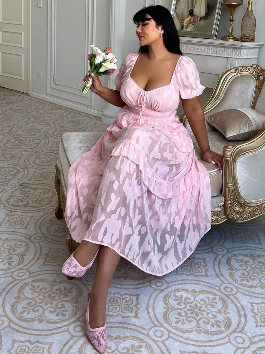 Lyrianda Women's Elegant Pink Plus Size Long Dress With Queen Anne Neckline And Ruffle Hem Perfect For Summer Birthdays - Pink - View 1