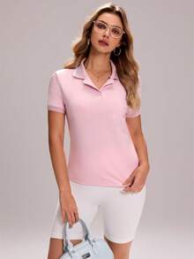 Sovereign Charm Women's Contrast Stripe Print Button Short Sleeve Sports Polo Shirt, Summer Shirt For Women Polo Golf Shirts For Women Pink Jersey For Women Plain Tops For Women Pink Golf Outfit Polo Shirts For Women Pink Golf Shirts For Women Pink Polo Shirts For Women Pink Tops For Ladies Ladies Pink Tops - Pink - View 6