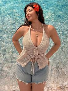 SHEIN EZwear 大码女式针织春夏时尚碎花吊带系带开襟休闲百搭背心 - 卡其色 - 查看 4
