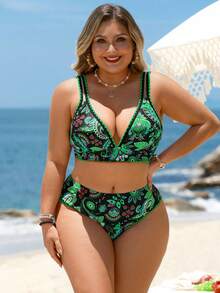 Swim Lushoire Conjunto de bikini con estampado tropical para mujer de talla grande - Verde - Ver 6