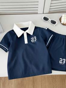 SHEIN Streecool Kids 2件套男童数字印花休闲Polo衫+数字印花织带装饰休闲短裤套装 - 寶藍色 - 查看 5