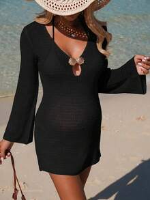 Swim Vcay 26SS Summer Beach Vacation Knit Shell Cover-Up For Pregnant Women - Black - View 4