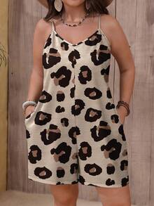 EMERY ROSE Plus Size Casual Leopard Print Jumpsuit, Suitable For Summer Spring - Khaki - View 4
