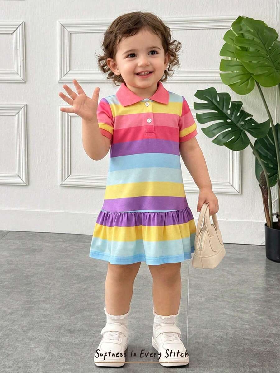 Cozy Pixies 女嬰彩色條紋領口短袖休閒舒適洋裝 幼兒 Polo 彩虹馬卡龍色領配色拼接洋裝 - 彩色 - 查看 1