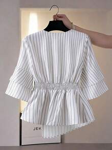 Franclia Women's Casual/Work Asymmetrical Hem Striped Shirt, Spring/Summer - Grey - View 2