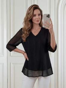Medorina Women's Solid Color V-Neck Mesh 3/4 Sleeve Loose Blouse Casual Spring Summer - Black - View 3