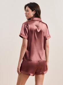 缎面翻领纽扣前部撞色绑带睡衣套装 - 鏽棕色 - 查看 2